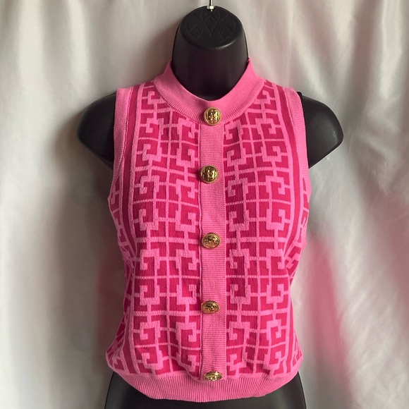 Shein Geo Pattern Button Front Knit Tank Top Hot Pink Size Large - Picture 3 of 13